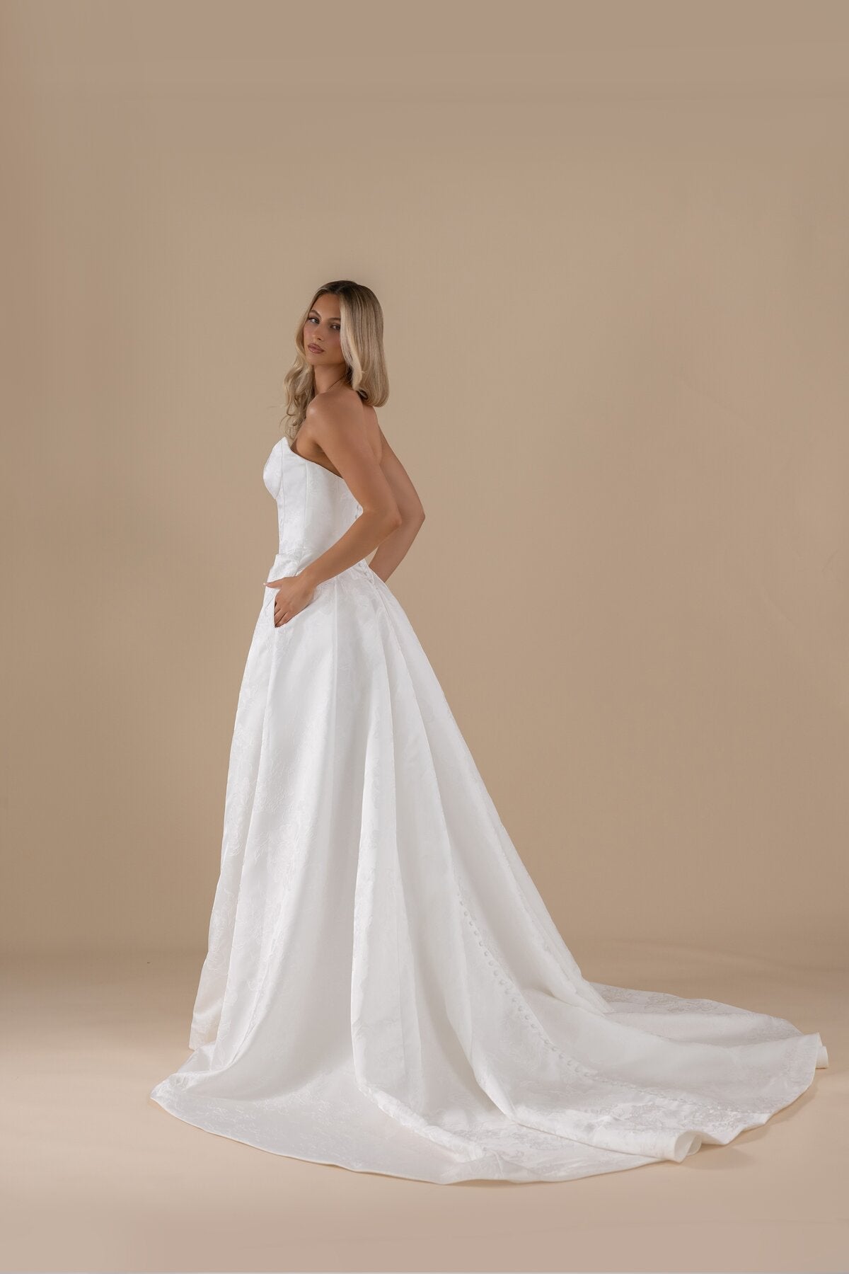 PERLA strapless jacquard ballgown wedding dress with front slit by Miss Chloe