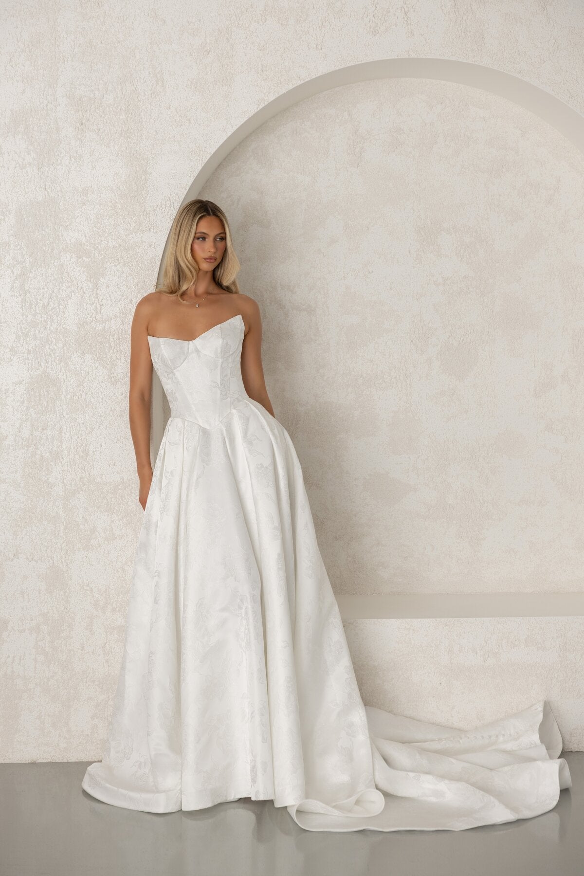 PERLA strapless jacquard ballgown wedding dress with front slit by Miss Chloe