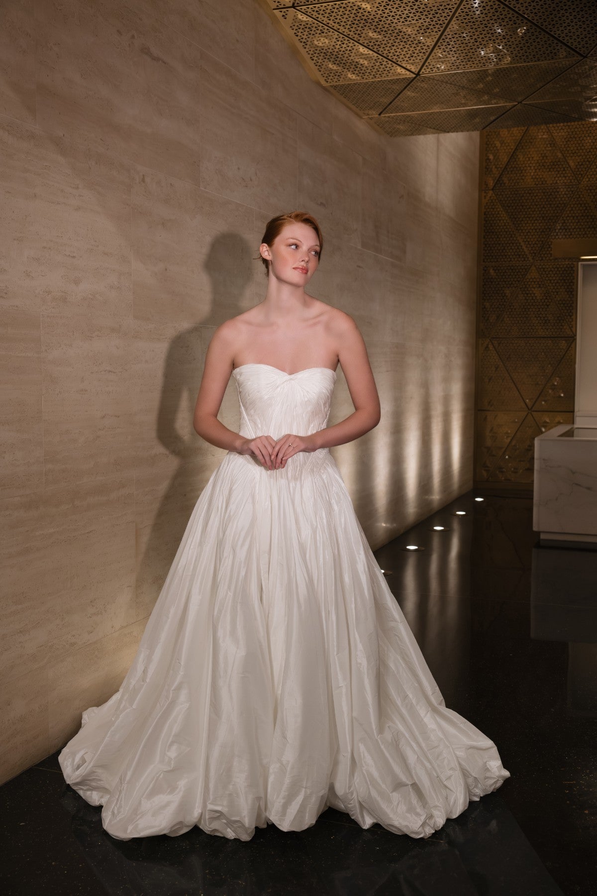 RHEA strapless sweetheart textured taffeta A-line wedding dress, front view showing gathered hem, by Atelier Wu