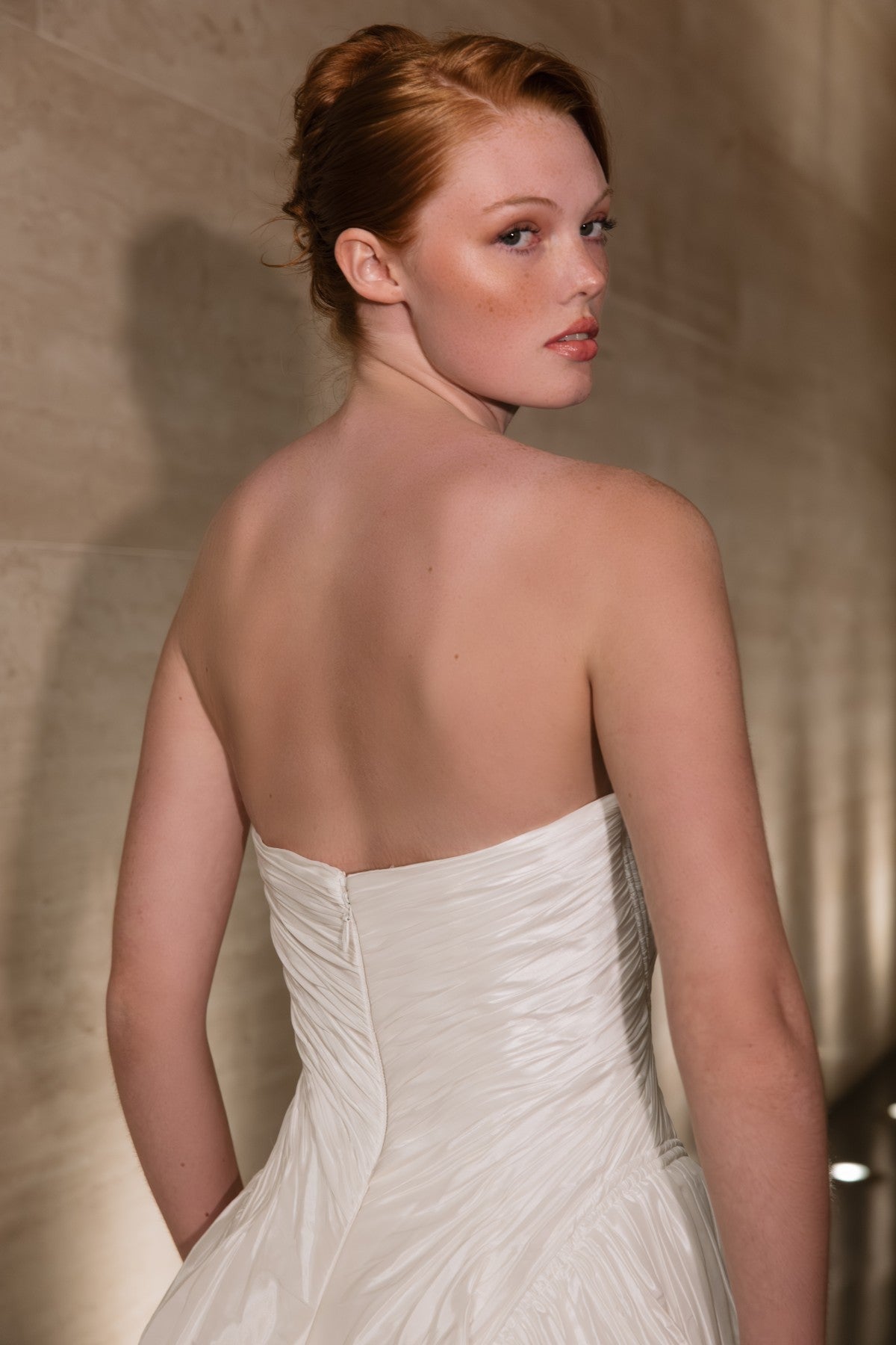RHEA strapless sweetheart textured taffeta A-line wedding dress, back close-up of the bodice, by Atelier Wu