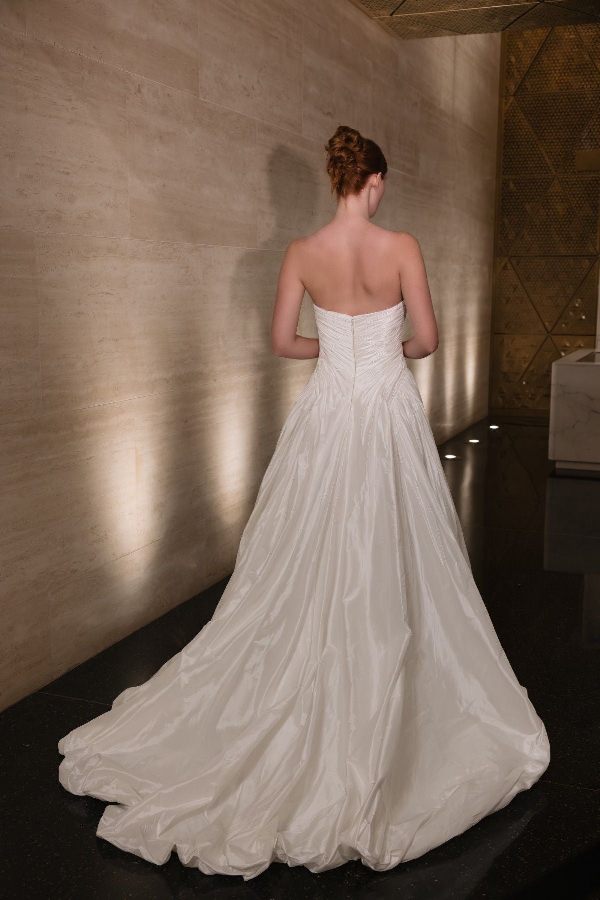 RHEA strapless sweetheart textured taffeta A-line wedding dress, full back view with sweeping train, by Atelier Wu