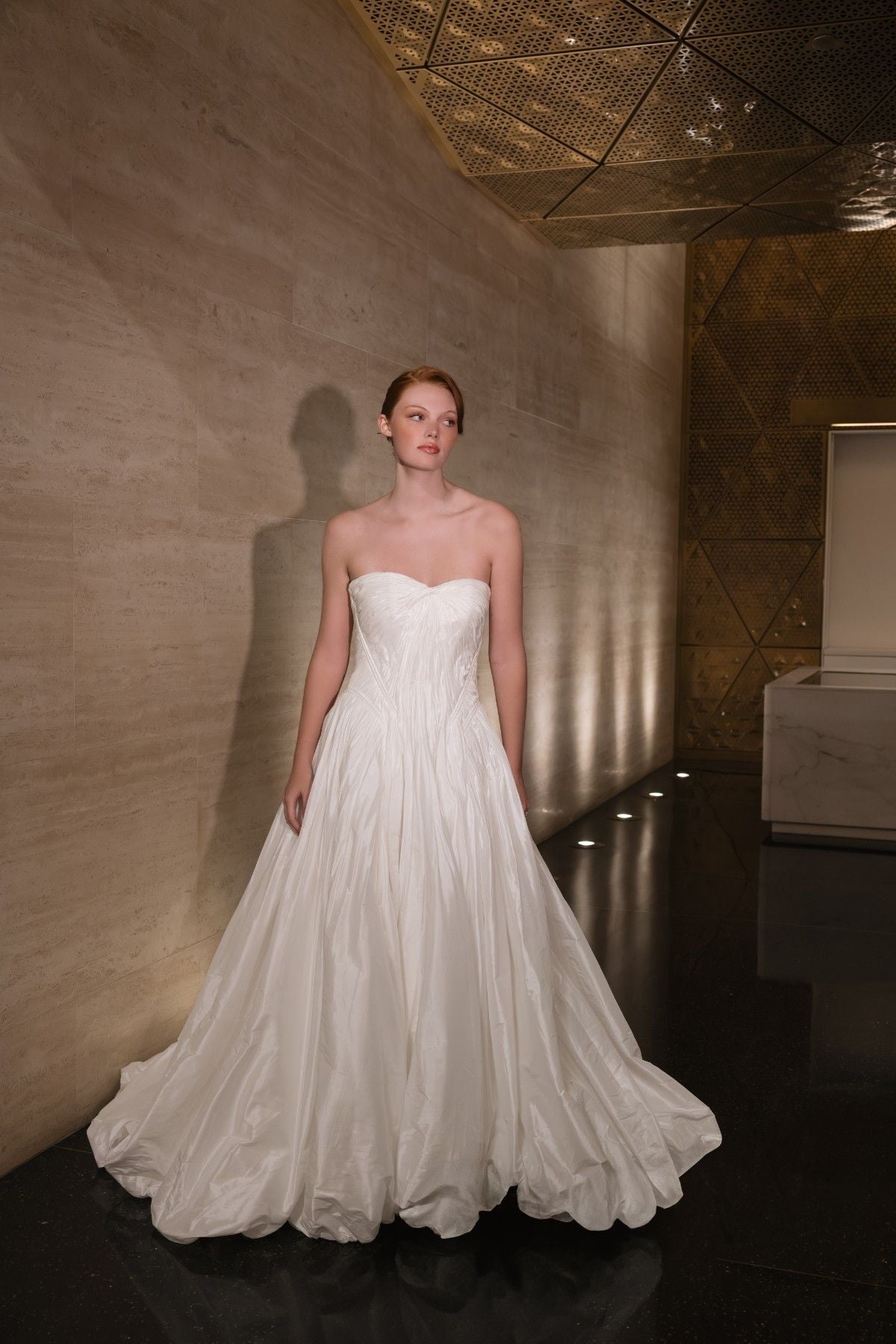 RHEA strapless sweetheart textured taffeta A-line wedding dress, full-length front view, by Atelier Wu