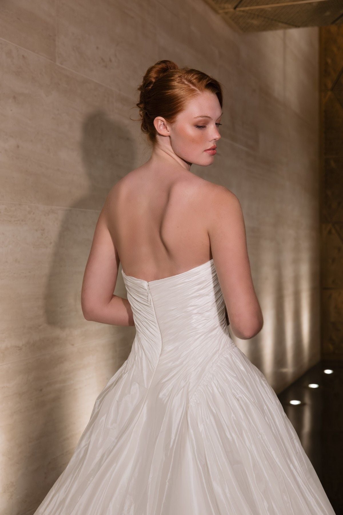 RHEA strapless sweetheart textured taffeta A-line wedding dress, back view of the bodice, by Atelier Wu