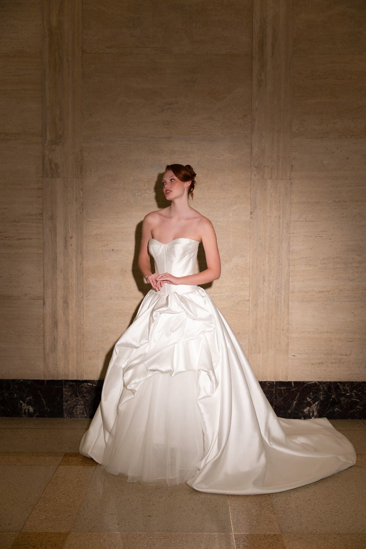 SIDONIE strapless sweetheart mikado ballgown wedding dress with draped pick-up skirt, full-length front view, by Atelier Wu