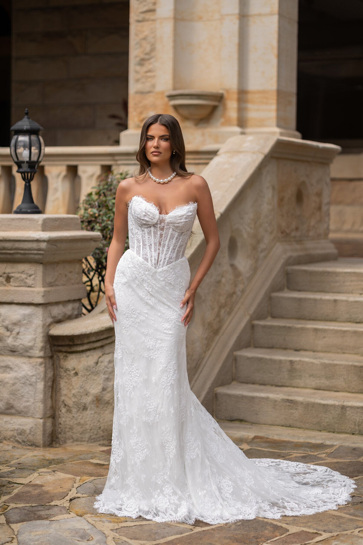 TYNISHA lace fit-and-flare wedding dress with sweetheart neckline, sheer corset bodice and basque waist by Jessica Couture