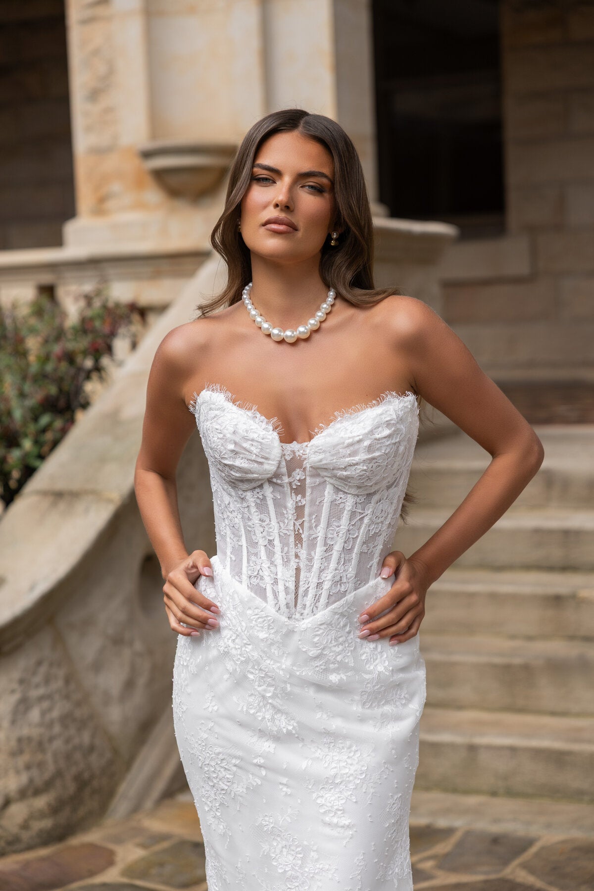 TYNISHA lace fit-and-flare wedding dress with sweetheart neckline, sheer corset bodice and basque waist by Jessica Couture