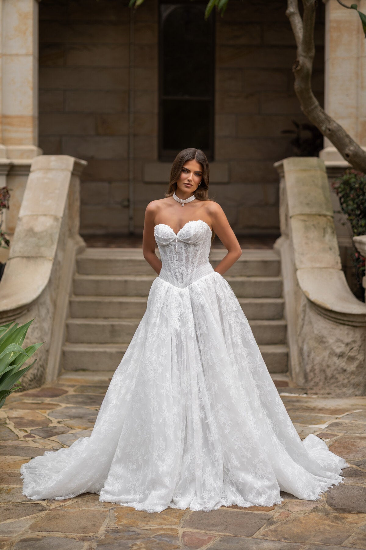 VELYN strapless lace ball gown wedding dress with sweetheart bodice and pearl detailing by Jessica Couture