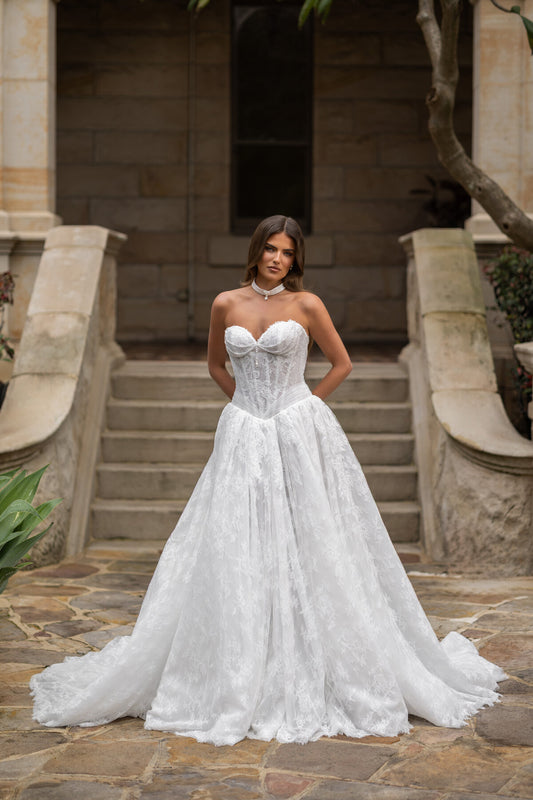 VELYN strapless lace ball gown wedding dress with sweetheart bodice and pearl detailing by Jessica Couture