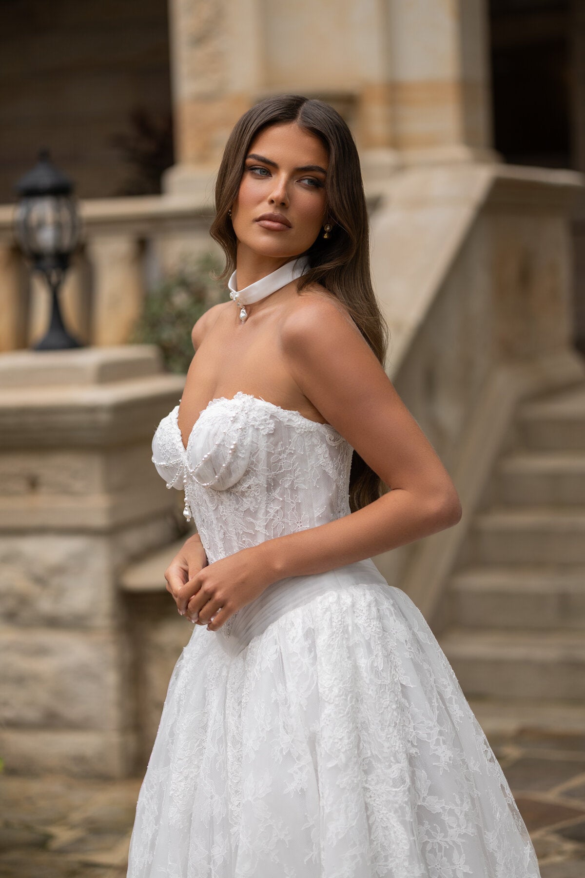 VELYN strapless lace ball gown wedding dress with sweetheart bodice and pearl detailing by Jessica Couture