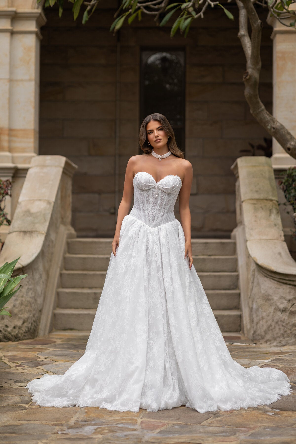 VELYN strapless lace ball gown wedding dress with sweetheart bodice and pearl detailing by Jessica Couture