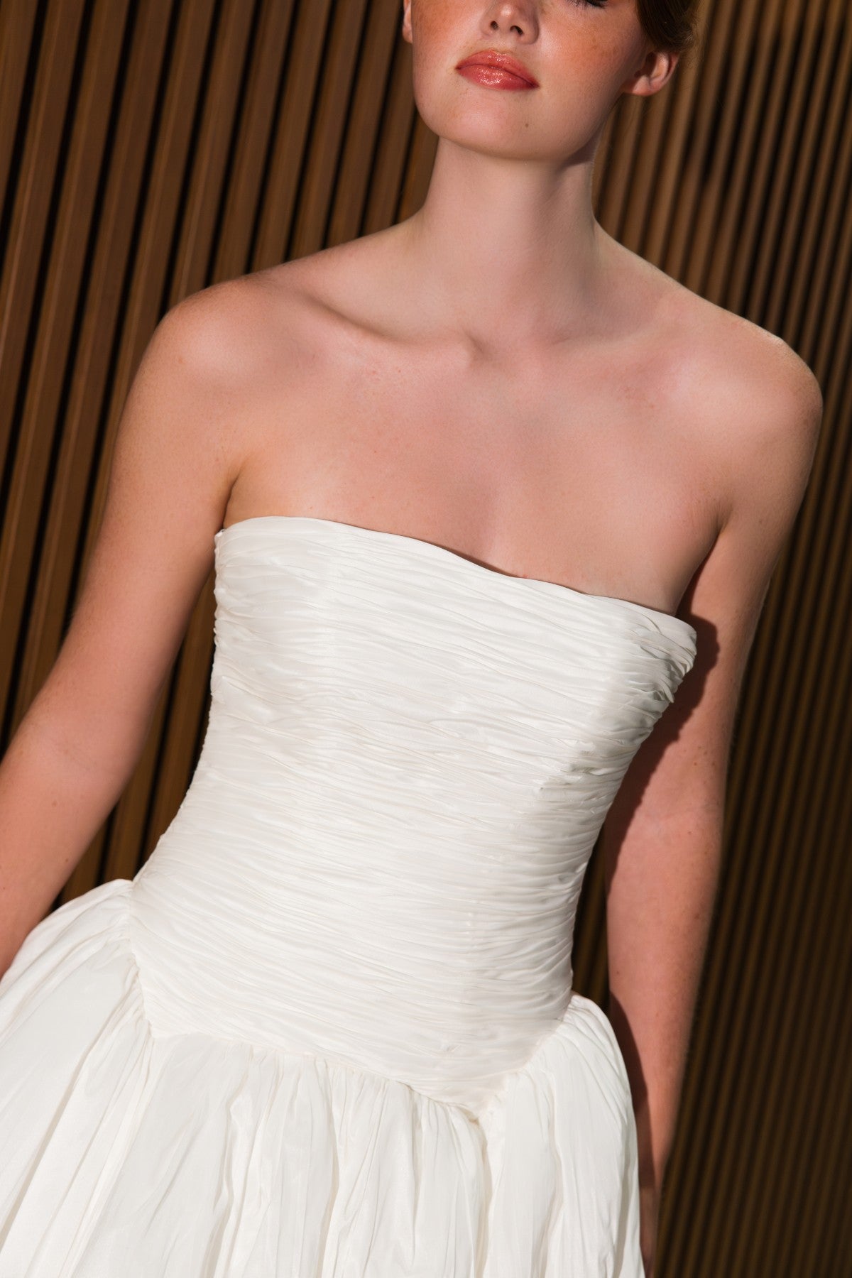 VENELOPE strapless taffeta ballgown wedding dress with shirred bodice, close-up of the shirred bodice, by Atelier Wu