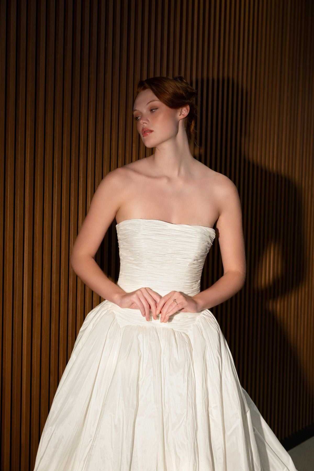 VENELOPE strapless taffeta ballgown wedding dress with shirred bodice, front view of the bodice and skirt, by Atelier Wu