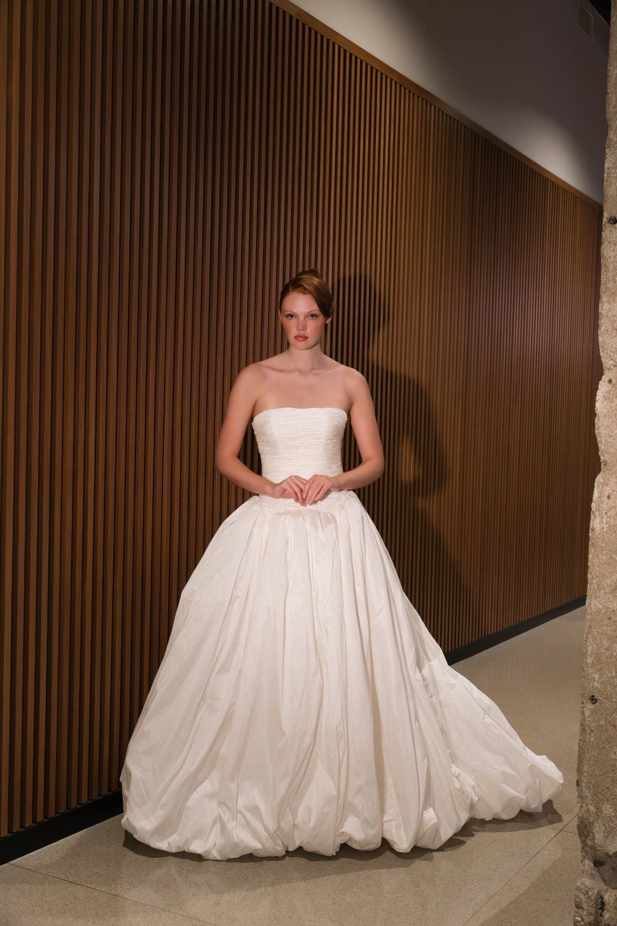 VENELOPE strapless taffeta ballgown wedding dress with shirred bodice, full-length front view, by Atelier Wu