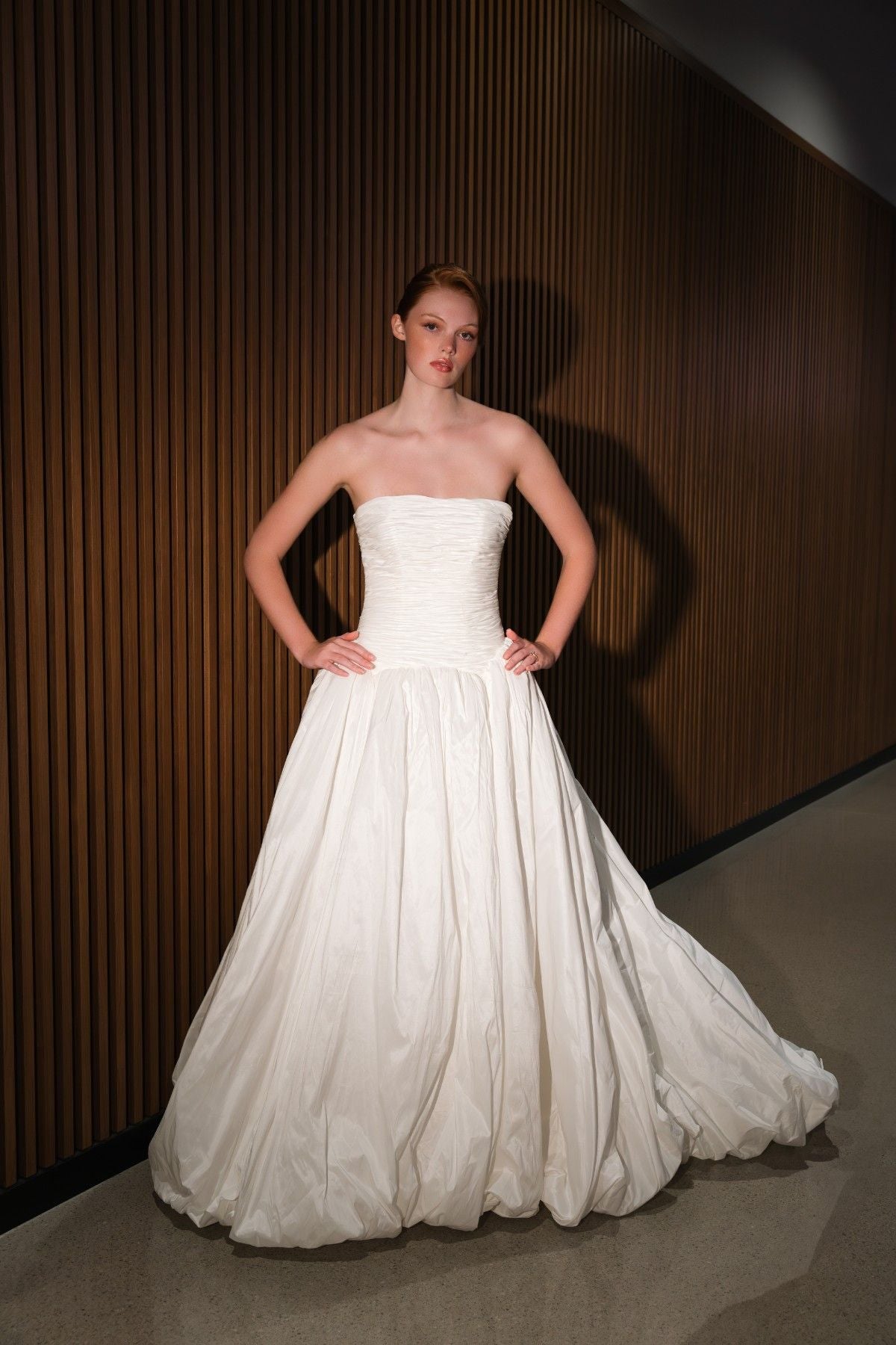 VENELOPE strapless taffeta ballgown wedding dress with shirred bodice, full-length front view showing volume skirt, by Atelier Wu