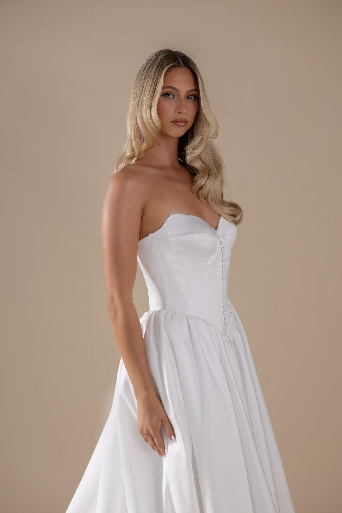 VICKY strapless structured ballgown wedding dress with button-front bodice by Miss Chloe
