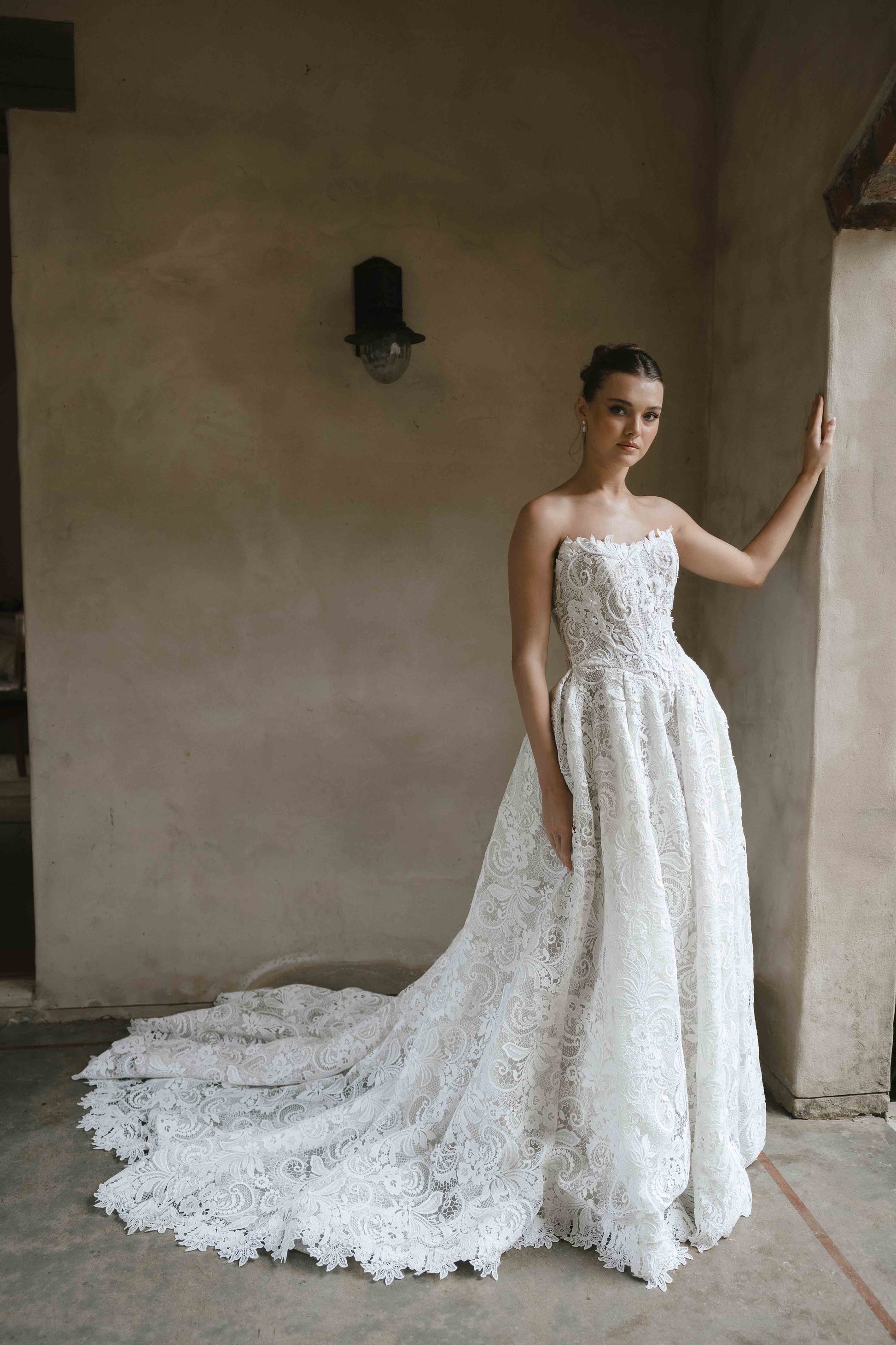 Vogue Gown – Full lace A-line ballgown with a cat-eye corseted bodice and subtle boning. By Roselle Collection, Jessica Couture.
