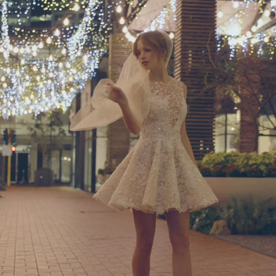 Square neckline mini bridal dress with floral lace and A line skirt 