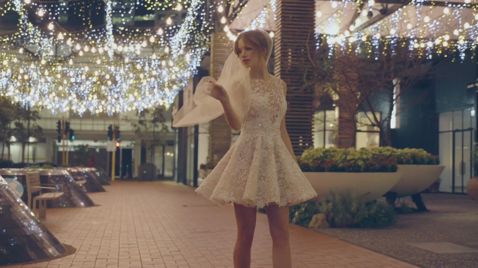 Square neckline mini bridal dress with floral lace and A line skirt 