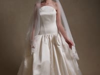 COSIMA high-neck satin ballgown wedding dress with dropped waist and full sweeping skirt by Atelier Wu