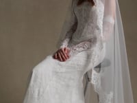 ELARA long sleeve lace trumpet wedding dress with square neckline and cathedral veil cape by Atelier Wu
