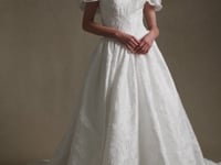 AMARIS strapless deep sweetheart jacquard ball gown wedding dress with diagonal ruching by Atelier Wu