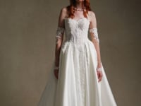 GEORGIE mikado ballgown wedding dress with beaded lace bodice, organza and lace front panel and detachable sleeves by Atelier Wu
