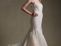 ILARIA square neckline beaded champagne mermaid wedding dress with flared tulle hem by Atelier Wu