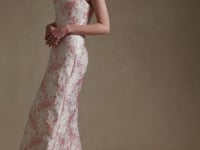 MARIELLE strapless pink floral jacquard mermaid wedding dress with circular train by Atelier Wu