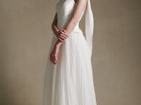 OTTAVIA strapless satin and chiffon A-line wedding dress with draped sash and neck tie by Atelier Wu