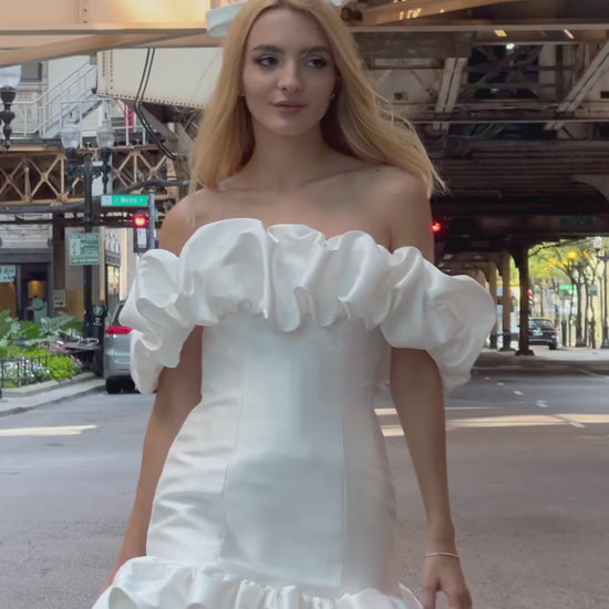 Satin ruffle mini wedding dress by Jessica Couture 