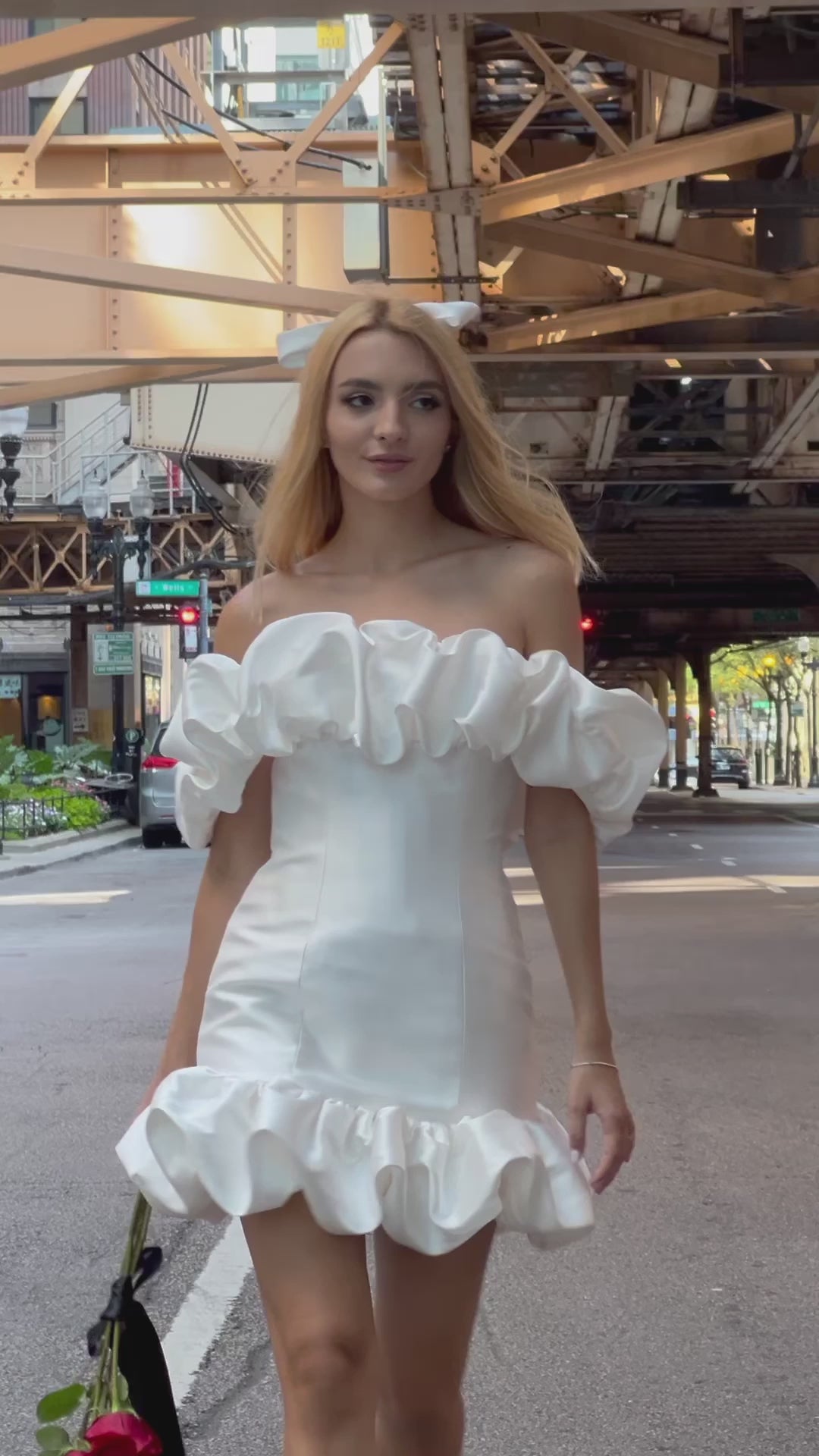 Satin ruffle mini wedding dress by Jessica Couture 