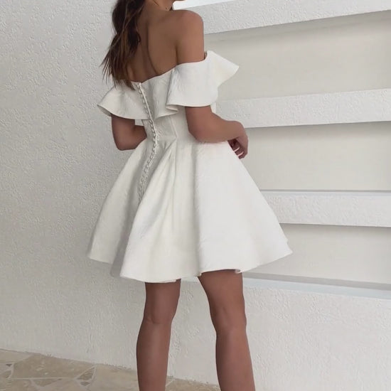 Off the shoulder mini Bridal dress A-line featuring Rose jacquard fabric 