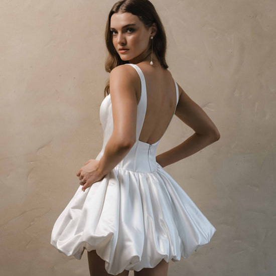 MINI bridal gown Amberley features a A-line Bubble skirt, square neckline, and corseted bodice by Roselle Collection, Jessica Couture.