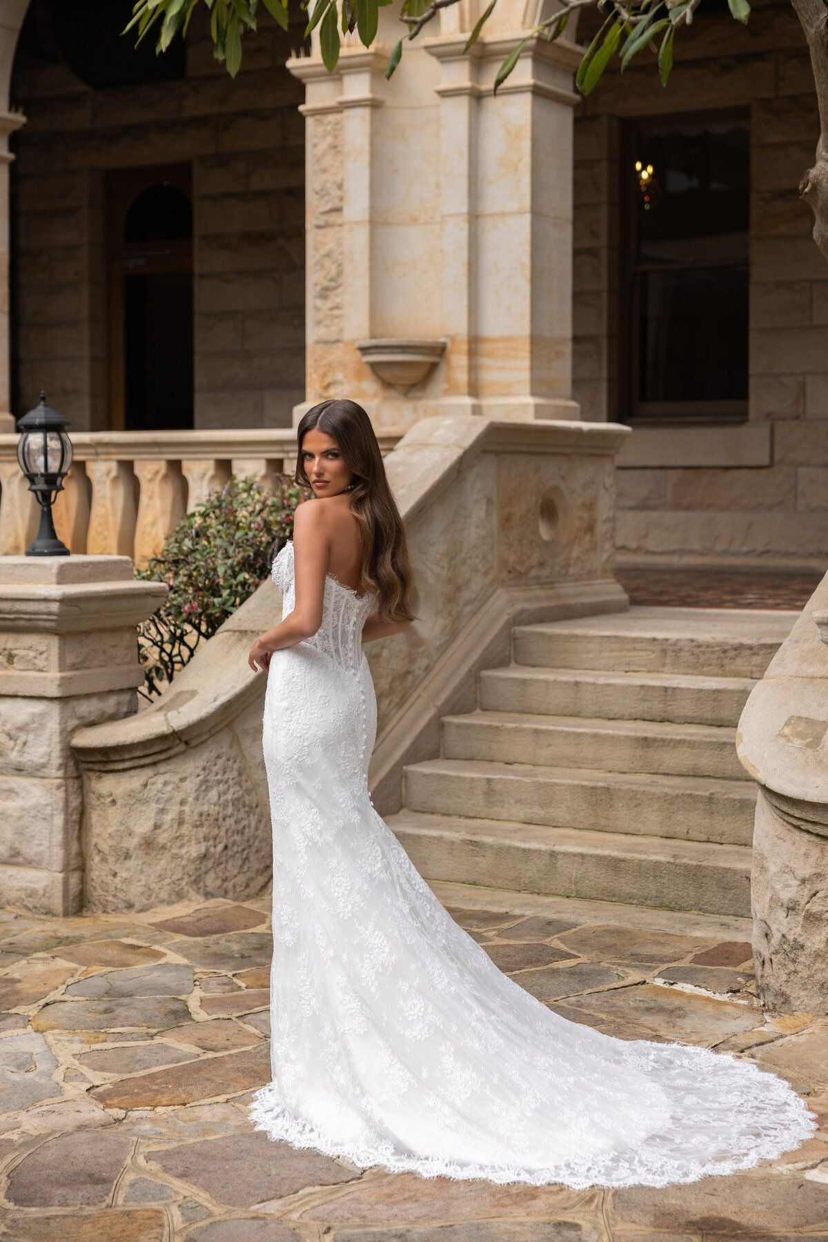 TYNISHA lace fit-and-flare wedding dress with sweetheart neckline, sheer corset bodice and basque waist by Jessica Couture