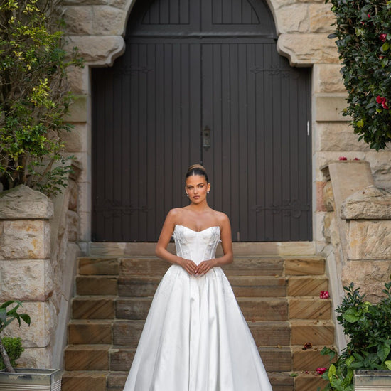 LAURA strapless satin ball gown wedding dress with lace corset bodice by Jessica Couture