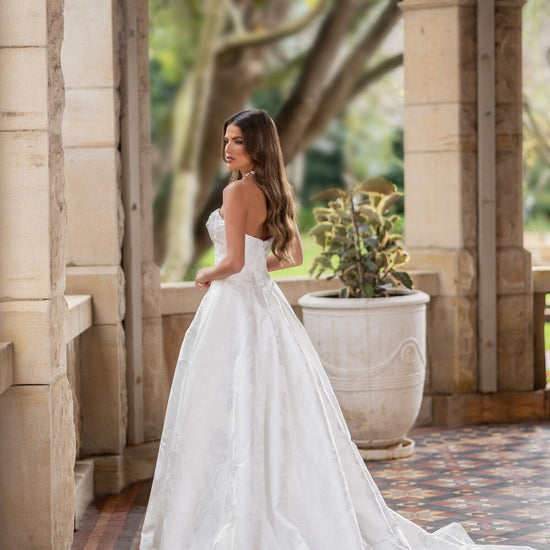 ATLANTA strapless floral jacquard A-line wedding dress with draped bodice and high leg slit by Jessica Couture