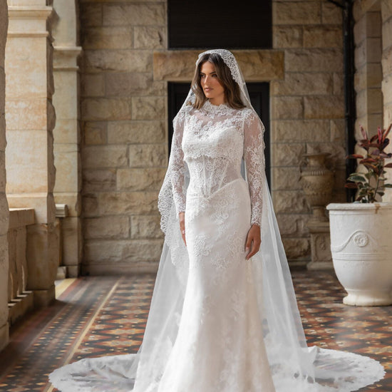 CASEY strapless fitted lace wedding dress with sweetheart neckline and sheer corset bodice by Jessica Couture