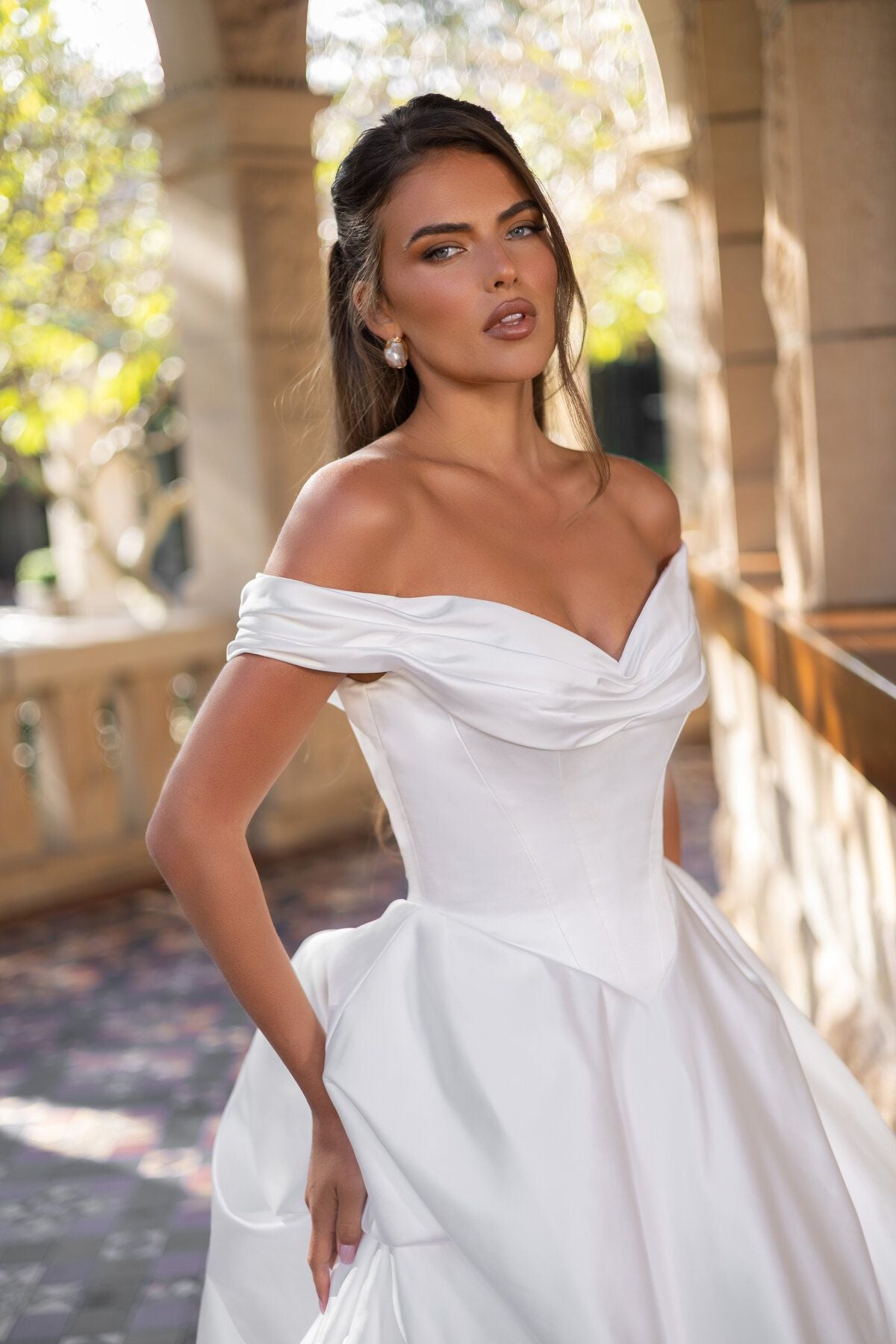 ELLIANA off-the-shoulder satin ball gown wedding dress with draped neckline and structured bodice by Jessica Couture