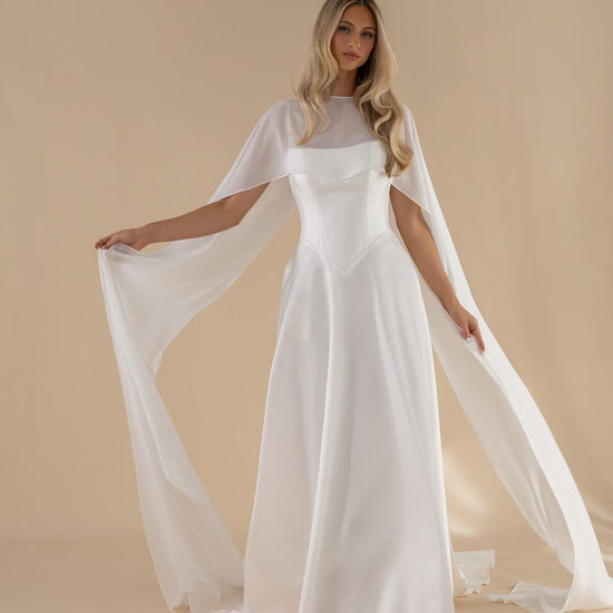 FLORIN satin A-line wedding dress with detachable sheer cape by Miss Chloe