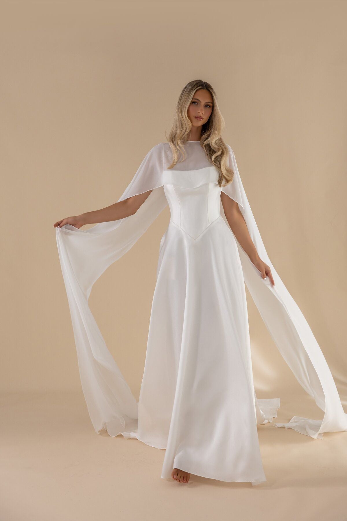 FLORIN satin A-line wedding dress with detachable sheer cape by Miss Chloe