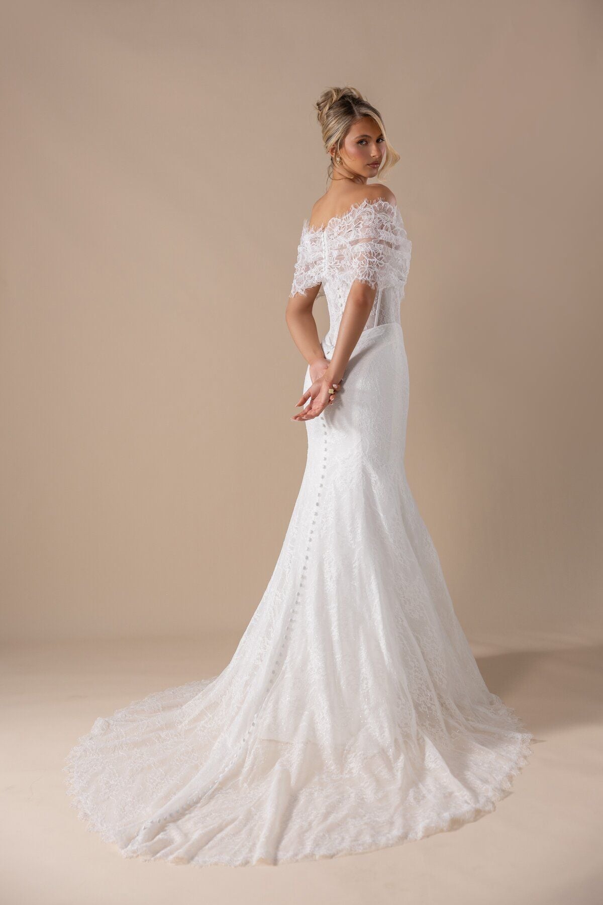 AZALEA off-the-shoulder lace trumpet wedding dress with exposed boning by Miss Chloe