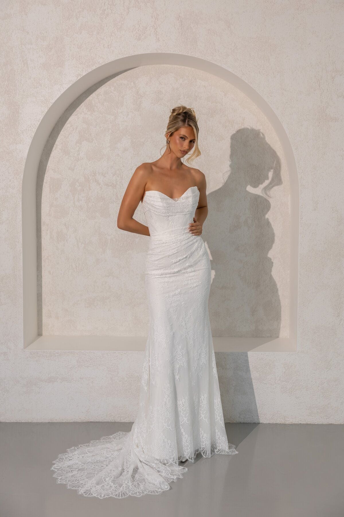 IRENE off-the-shoulder lace fit-and-flare wedding dress with scalloped train by Miss Chloe