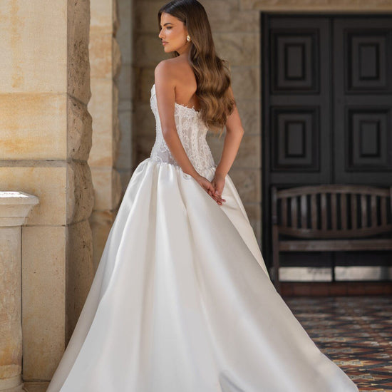 HANNAH strapless satin ball gown wedding dress with floral lace corset bodice and draped neckline by Jessica Couture