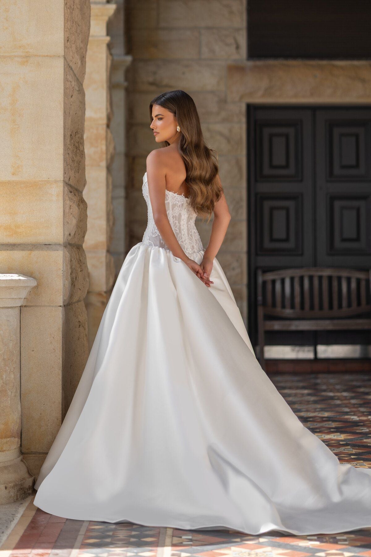 HANNAH strapless satin ball gown wedding dress with floral lace corset bodice and draped neckline by Jessica Couture