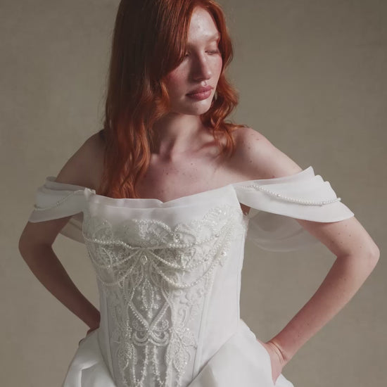 TATIANA off-the-shoulder pearl-beaded corset ballgown wedding dress with voluminous organza skirt by Atelier Wu