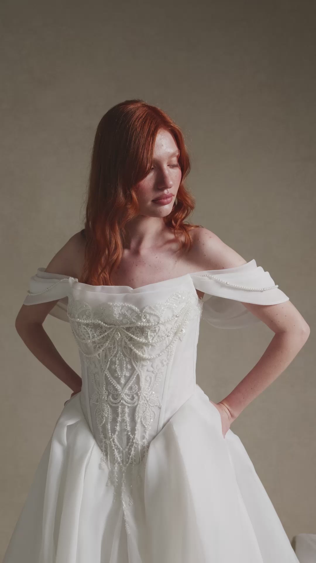 TATIANA off-the-shoulder pearl-beaded corset ballgown wedding dress with voluminous organza skirt by Atelier Wu