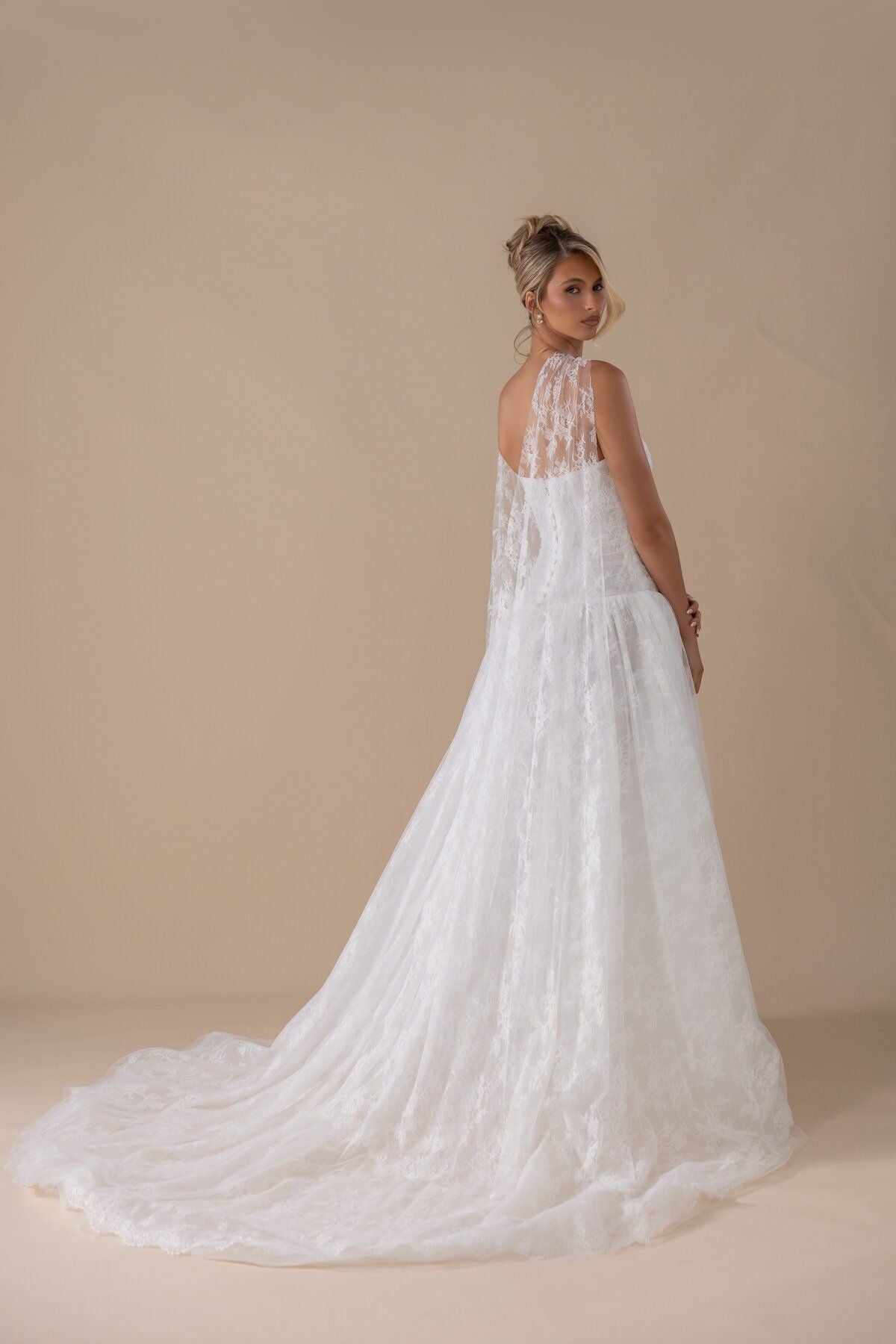 ELAINE lace and tulle A-line wedding dress with sheer lace cape by Miss Chloe