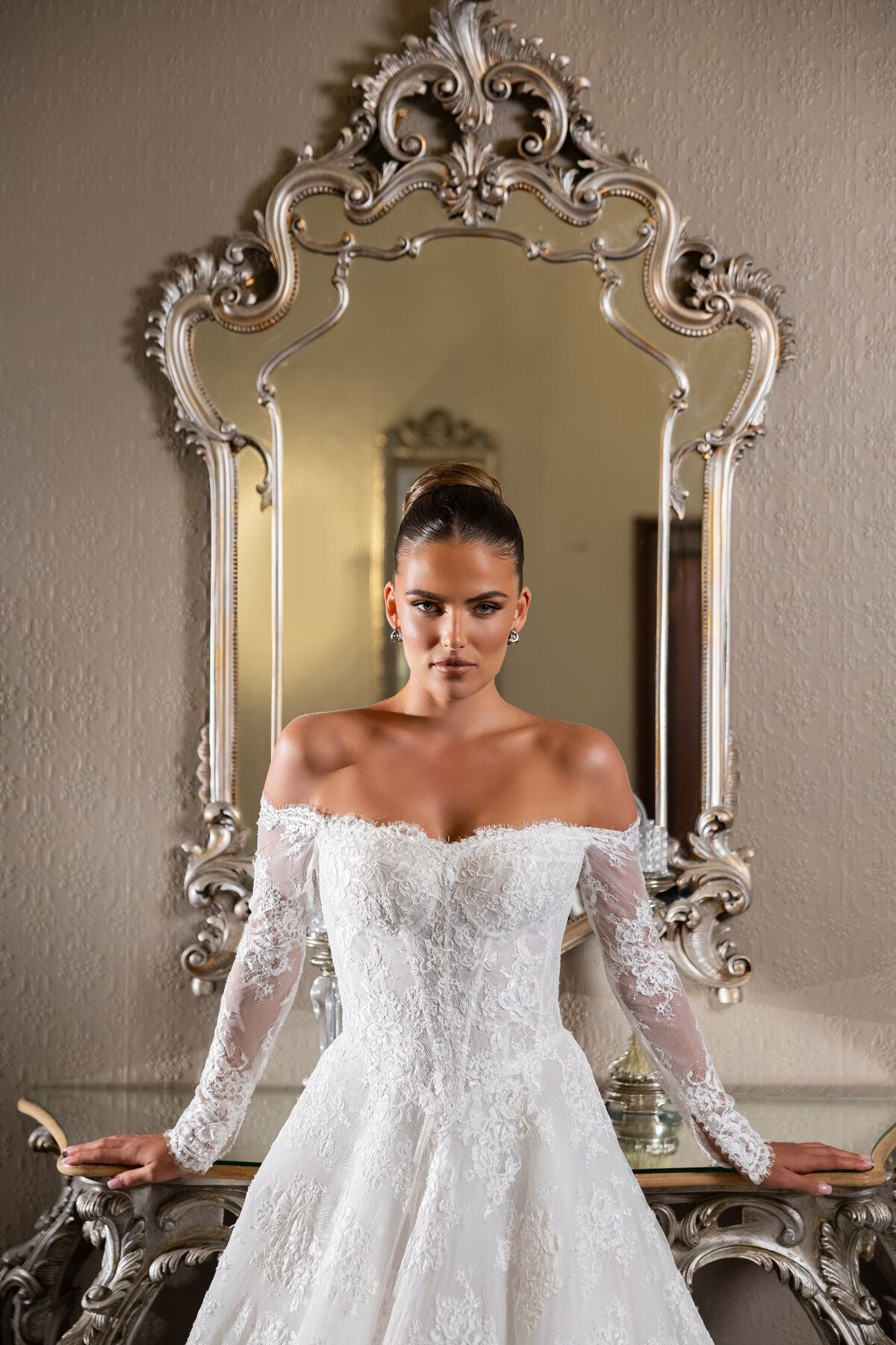 ISADORA off-the-shoulder lace wedding dress with long sleeves, sweetheart neckline and corset bodice by Jessica Couture
