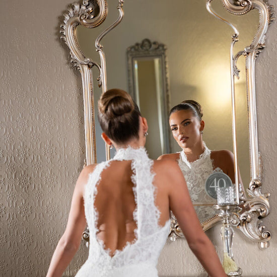 ANGELINA halter neck fitted lace wedding dress with dramatic open back and sweeping train by Jessica Couture