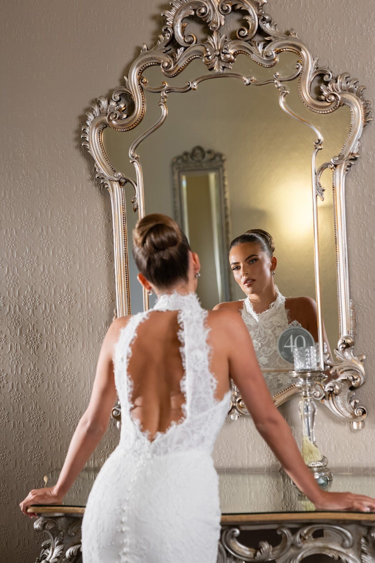 ANGELINA halter neck fitted lace wedding dress with dramatic open back and sweeping train by Jessica Couture